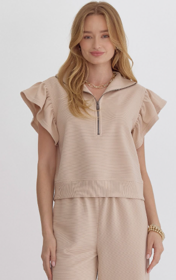 Light Taupe Textured Solid Ruffle Sleeve Top