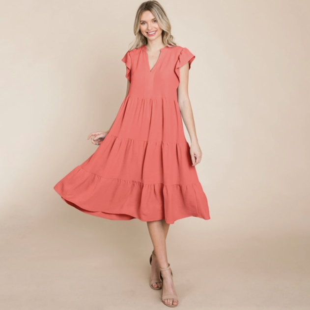 Terracotta V Neck Tiered Midi Dress - Plus Size