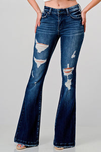 PETITE Distressed Mid Rise Stretch Flare Jeans