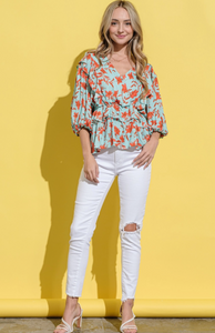 Printed Lantern Sleeve Blouse Top