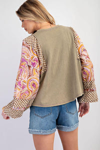 Long Sleeve Mix Print Mineral Washed Top