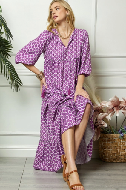 Purple Print Puff Sleeve Maxi Dress