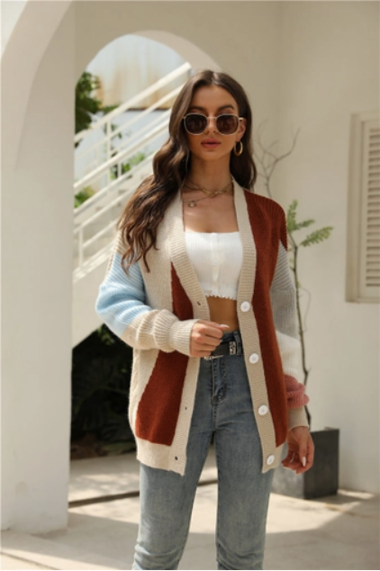 Knit Color Block Button Cardigan - Burgundy