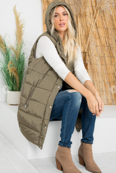 Hand Stuffed Silky Polyfill Puffer Vest - Olive