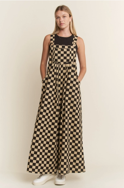 Checkered WIde Leg Overalls - Black/Mocha - Regular & Plus Sizes