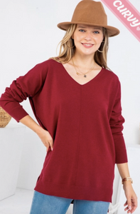 Burgundy - Cozy V Neck Sweater - Plus Size