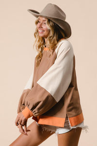 French Terry Color Block Top - Camel/Apricot