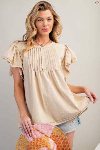 Khaki - Pintuck Front Mineral Washed Cotton Jersey Top