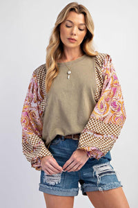 Long Sleeve Mix Print Mineral Washed Top