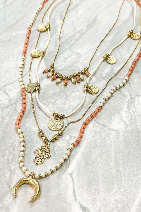Leslie Necklace - Coral/Pearl