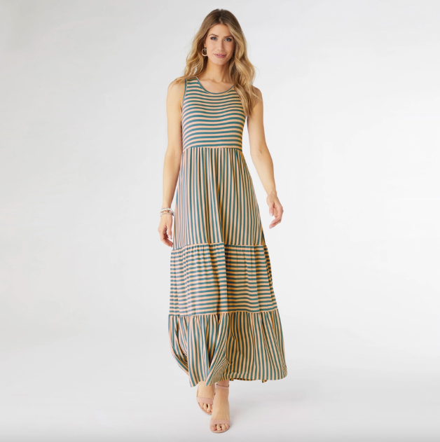 Coral/Teal - Janie Striped Tiered Maxi Dress - Regular & Plus Sizes