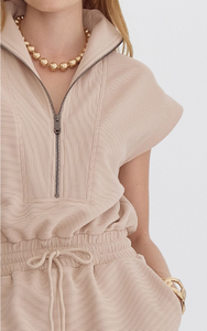 Light Taupe Solid Textured Short Sleeve Romper