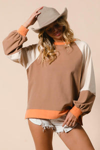 French Terry Color Block Top - Camel/Apricot