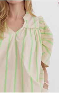 Lime - Striped Short Sleeve V Neck Top