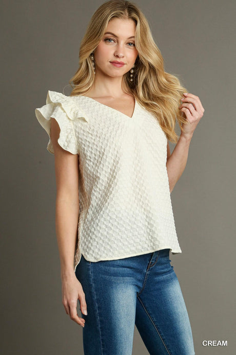 Cream - Textured Jacquard V Neck Top