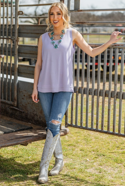 Lilac - Ribbed Tank Top with Raw Edge Detail