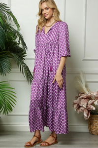 Purple Print Puff Sleeve Maxi Dress