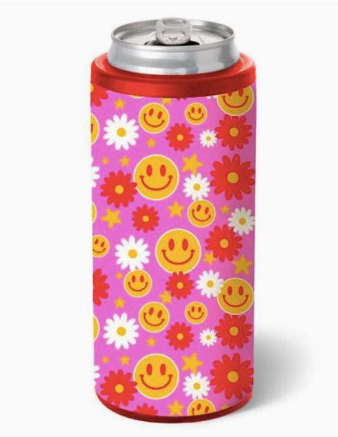 Red Flower Happy Face Slim Can Cooler Cover