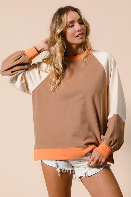 French Terry Color Block Top - Camel/Apricot