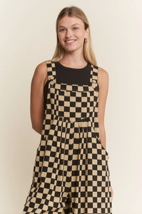 Checkered WIde Leg Overalls - Black/Mocha - Regular & Plus Sizes