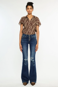 Mid Rise Button Up Distressed Flare Jeans - LONG Length