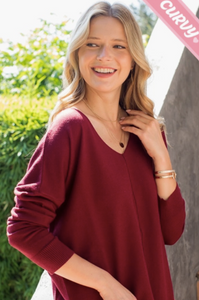 Burgundy - Cozy V Neck Sweater - Plus Size