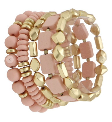 Pink Multi Strand Layered Wood/Metal Beads Stretch Bracelet
