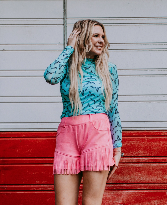 Turquoise Mesh Top with 3D Print Cow Skulls