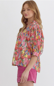 Floral V Neck Puff Sleeve Top - Plus Size