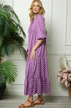 Load image into Gallery viewer, Purple Print Puff Sleeve Maxi Dress