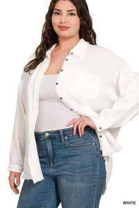 White - Double Gauze Oversized Raw Edge Shirt - Plus Size