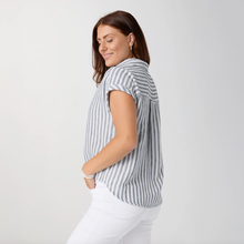 Load image into Gallery viewer, Reagan Cap Sleeve Striped Collared Top - Dusty Blue &amp; White