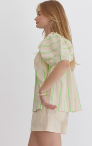 Lime - Striped Short Sleeve V Neck Top