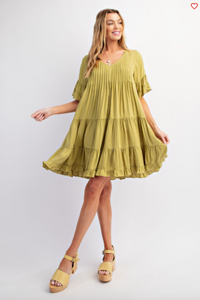 Green Tea - Double Ruffle Sleeves Soft Linen Dress - Plus Size