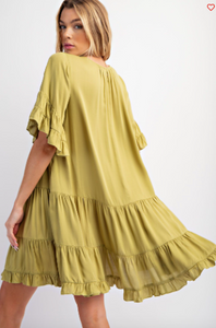 Green Tea - Double Ruffle Sleeves Soft Linen Dress - Plus Size