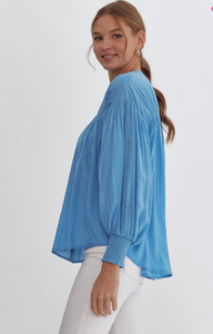 V Neck Button Up Top - French Blue