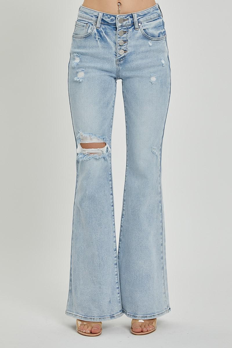 Mid Rise Button Down Flare Jeans