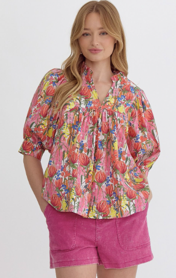 Floral V Neck Puff Sleeve Top - Plus Size