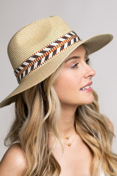 Straw Panama Hat with Aztec Pattern Hat Band