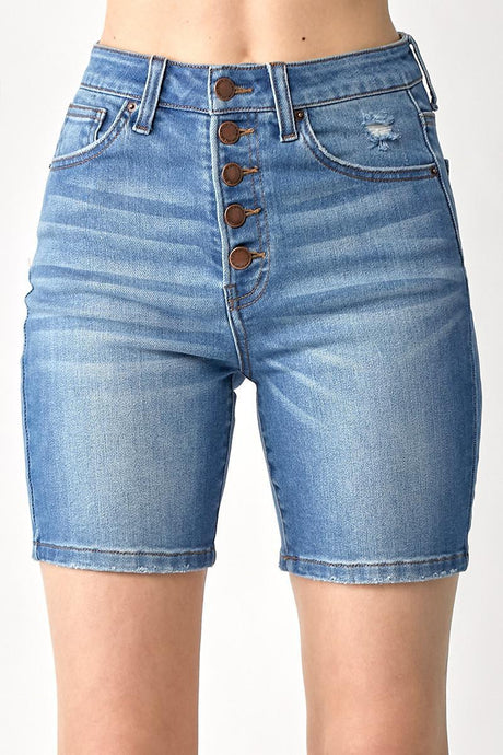 High Rise Button Fly Mid-Thigh Shorts