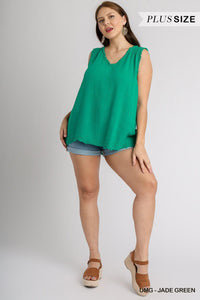 Jade Green Sleeveless V Neck Frayed Top - Plus Size