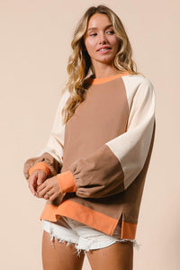 French Terry Color Block Top - Camel/Apricot