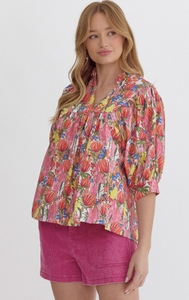 Floral V Neck Puff Sleeve Top - Plus Size