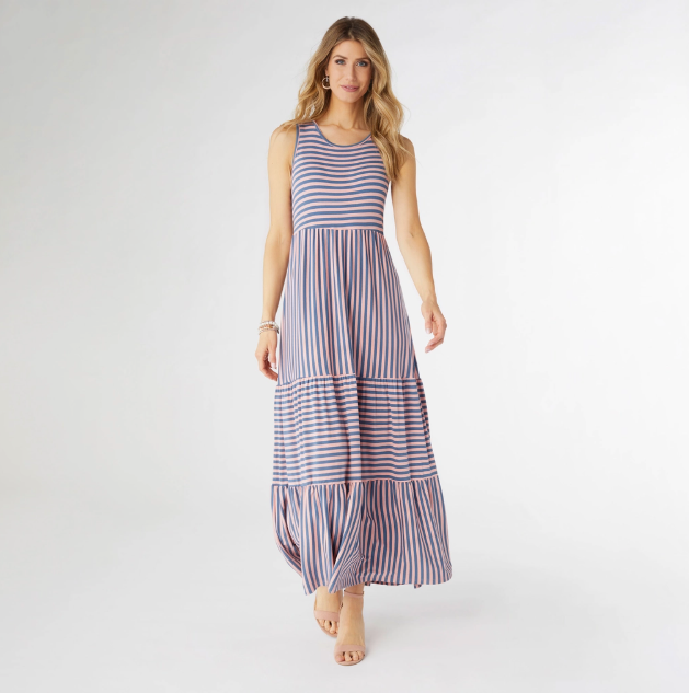 Pink/Blue - Janie Striped Tiered Maxi Dress - Regular & Plus Size
