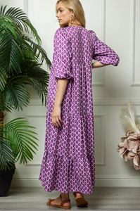 Purple Print Puff Sleeve Maxi Dress